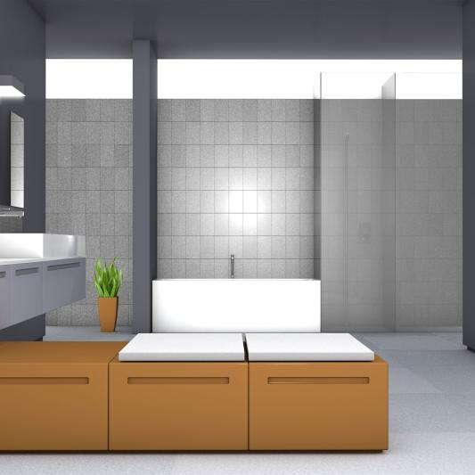 Modernes Badezimmer mit Doppelwaschbecken, Badewanne und Holzakzenten