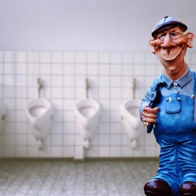 Figur eines männlichen Handwerkers in blauer Latzhosen vor mehreren Urinalen