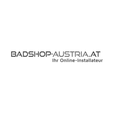 Logo und Slogan von Badshop Austria.at, einem Online-Shop für Sanitär- und Badezimmerausstattungen.