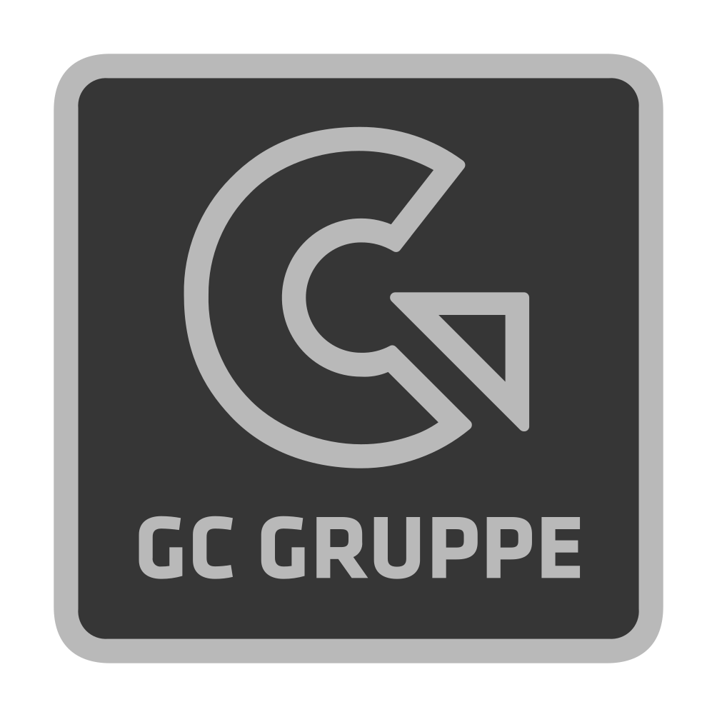 Das Logo der GC Gruppe, das ein abstraktes Symbol aus einem C und einem nach rechts zeigenden Dreieck zeigt, zusammen mit dem Schriftzug GC GRUPPE.