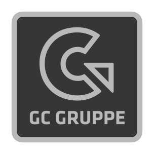 Das Logo der GC Gruppe, das ein abstraktes Symbol aus einem C und einem nach rechts zeigenden Dreieck zeigt, zusammen mit dem Schriftzug GC GRUPPE.
