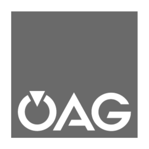 Das Wort ÖAG in weißer, serifenloser Schrift auf einem grauen Quadrat.