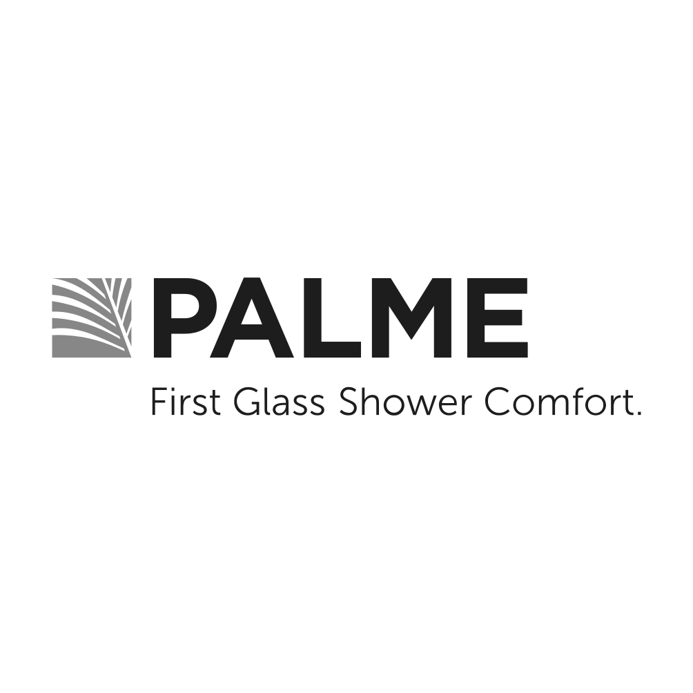 Markenlogo von PALME mit einem stilisierten Blattmotiv und dem Slogan First Glass Shower Comfort.